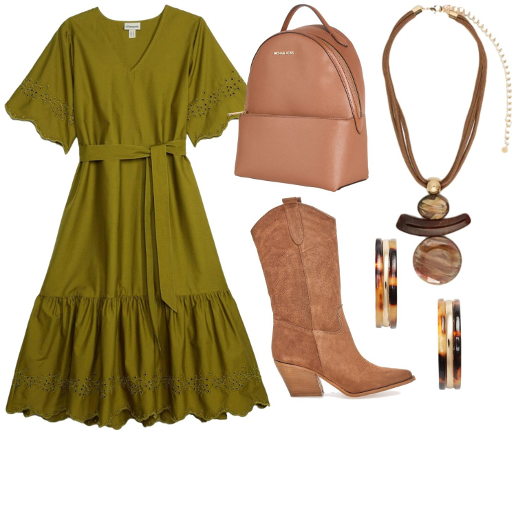 Outfit donna - Vestitino funny. Stile Trendy per Tutti i giorni. Abbinamento con zaini, vestiti midi/longuette, ciondoli, orecchini, stivaletti texani.