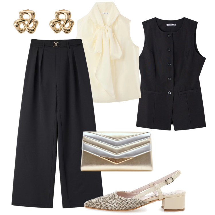 Outfit donna - Le ballerine di sera. Stile Chic per Serata fuori. Abbinamento con bluse, pantaloni, gilet, pochette, orecchini, ballerine.