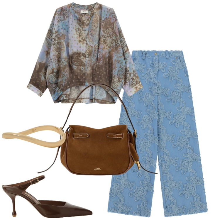 Outfit donna - Dixie. Stile Urban per Tutti i giorni. Abbinamento con camicie, pantaloni a palazzo, décolleté, borse a mano, braccialetti.