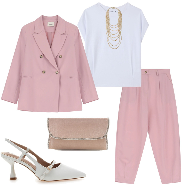 Outfit donna - Maggio in rosa. Stile Chic per Cerimonia. Abbinamento con t-shirt, collane, pantaloni, blazer, décolleté, pochette.