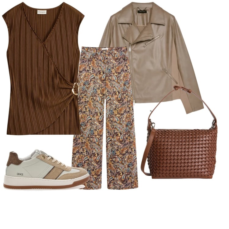 Outfit donna - Marrone vibes. Stile Casual per Tutti i giorni. Abbinamento con canottiere, pantaloni, borse a spalla, blazer, sneakers.