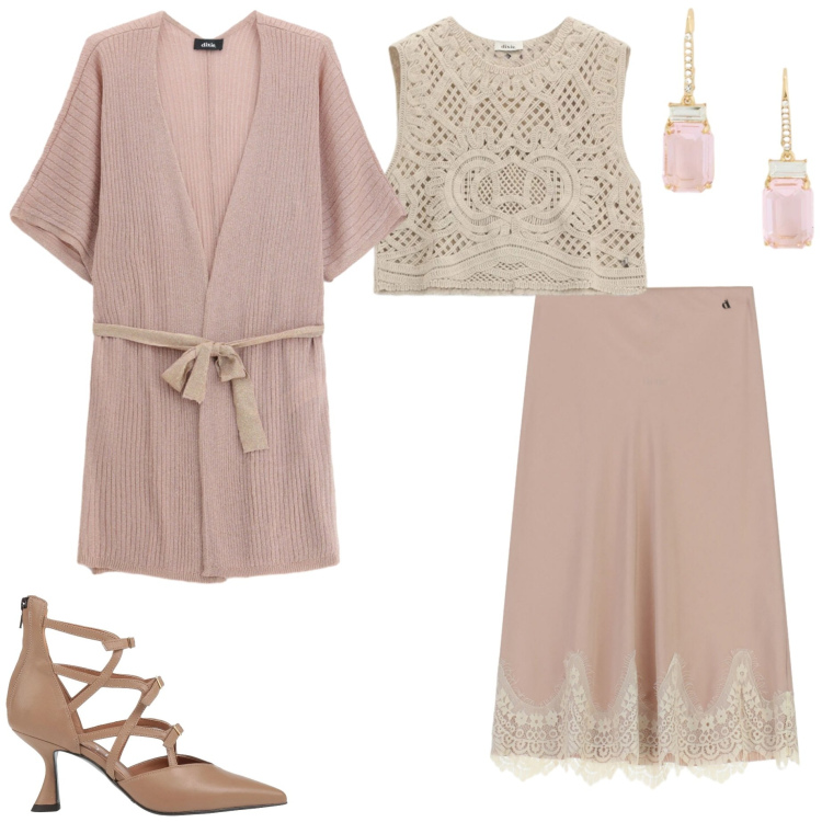 Outfit donna - Maggio in rosa. Stile Chic per Serata fuori. Abbinamento con décolleté, gonne longuette, top, cardigans, orecchini.