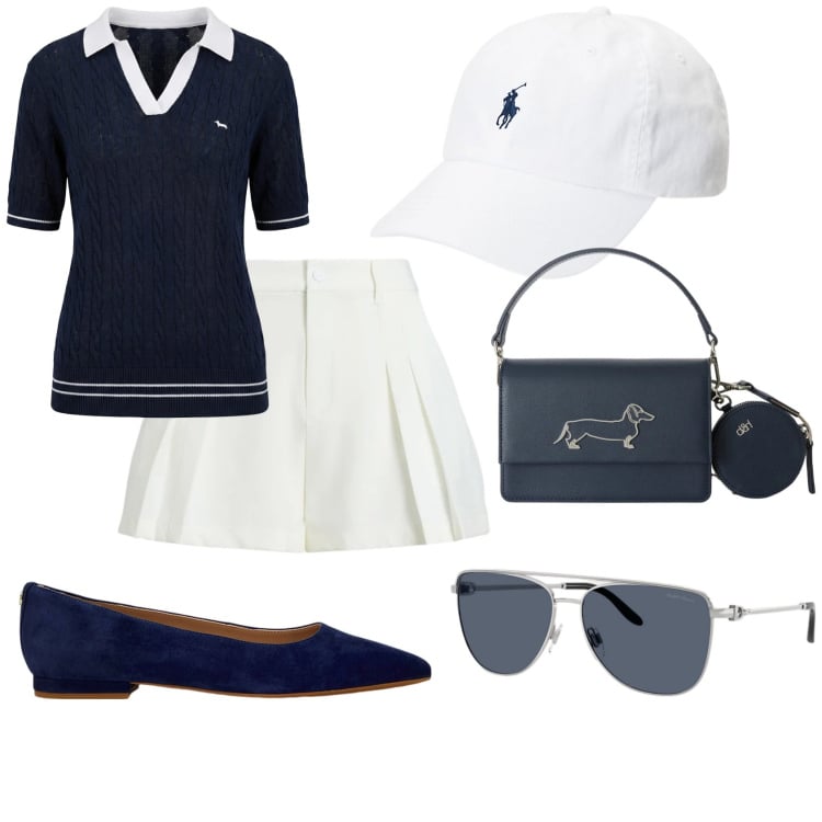 Outfit donna - Spettatrice al foro italico. Stile Bon Ton per Sport. Abbinamento con polo, borse a tracolla, ballerine, minigonne, cappelli, occhiali da sole.