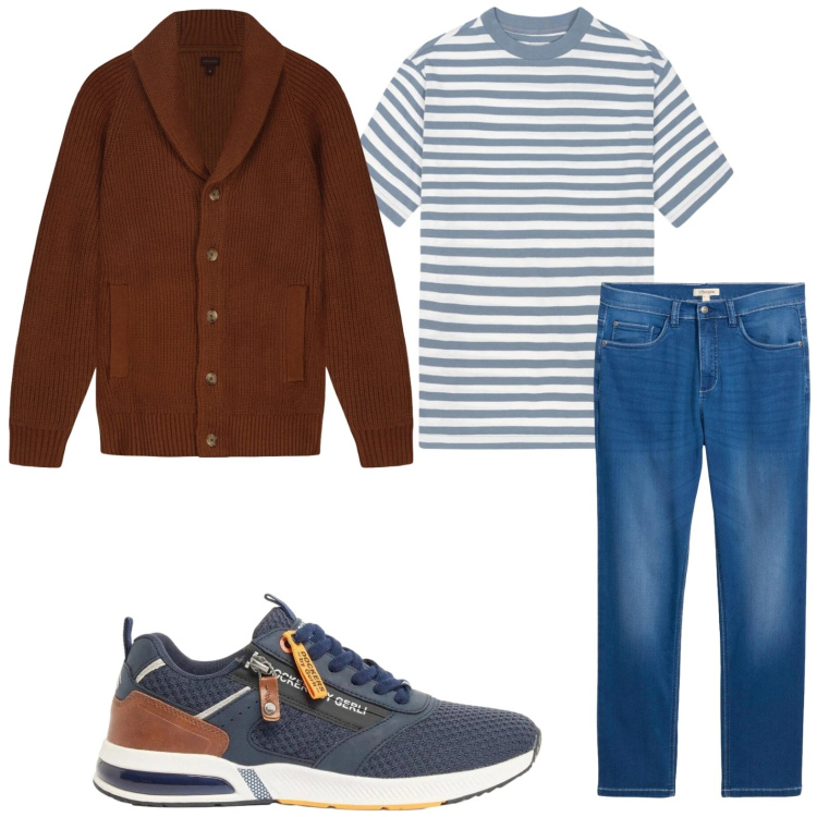 Outfit uomo - Righe trendy. Stile Trendy per Tutti i giorni. Abbinamento con jeans dritti, sneakers, cardigans, t-shirt.