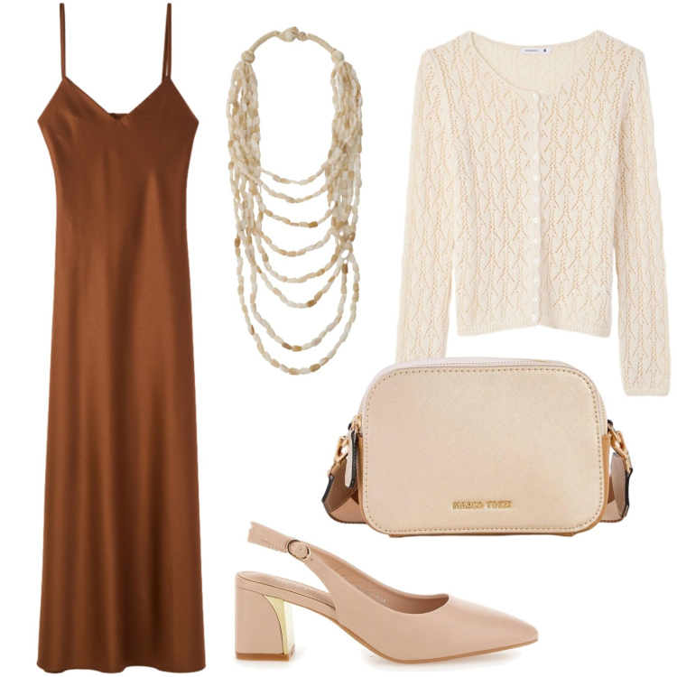 Outfit donna - Look da aperitivo. Stile Etnico per Serata fuori. Abbinamento con borse a tracolla, vestiti lunghi, cardigans, collane, décolleté.