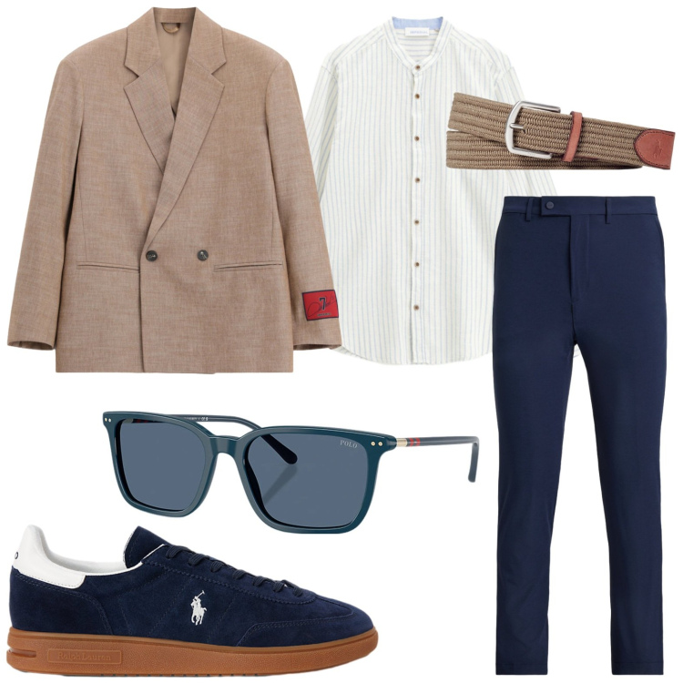 Outfit uomo - Blazer doppiopetto. Stile Casual per Tutti i giorni. Abbinamento con camicie, giacche, cinture, sneakers, pantaloni, occhiali da sole.