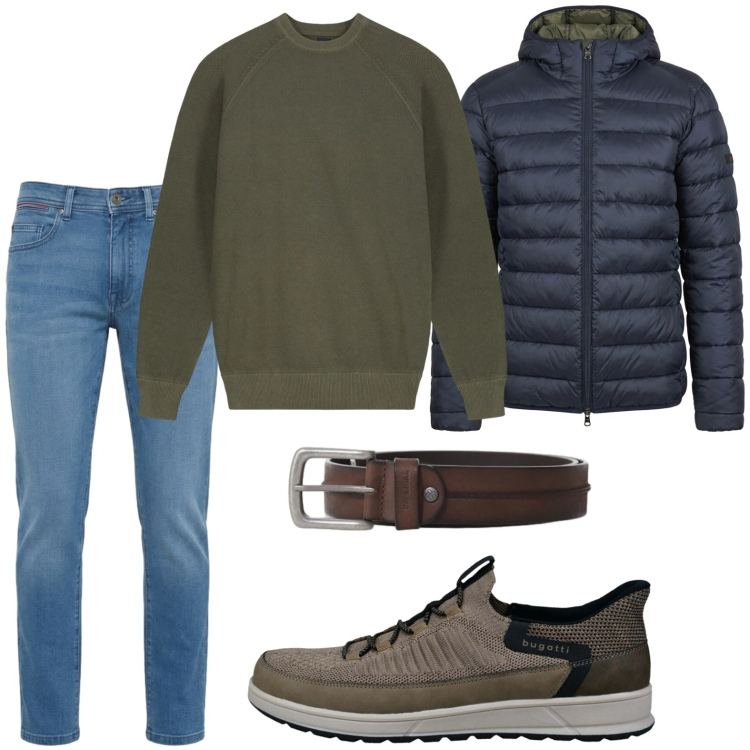 Outfit uomo - Stile sportivo. Stile Trendy per Tutti i giorni. Abbinamento con cinture, jeans slim fit, maglieria, giacche, sneakers.