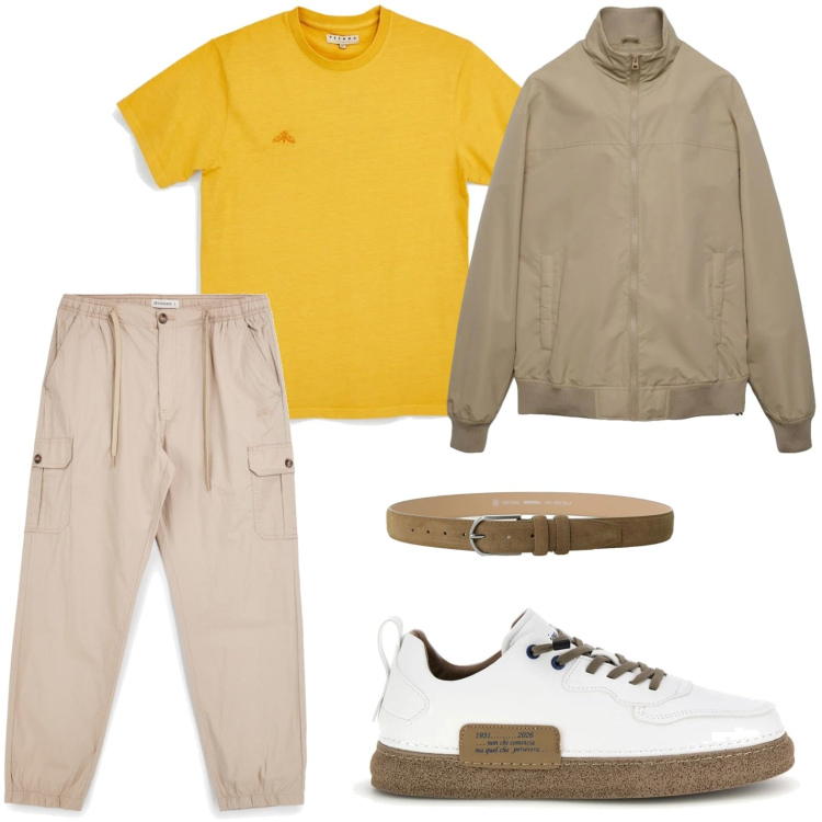 Outfit uomo - Stile basic. Stile Trendy per Tutti i giorni. Abbinamento con bomber, cinture, pantaloni cargo, t-shirt, sneakers.