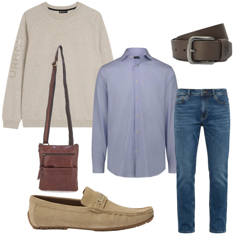 Outfit uomo - Linee pulite. Stile Casual per Tutti i giorni. Abbinamento con scarpe stringate, cinture, jeans, felpe, camicie, portafogli.