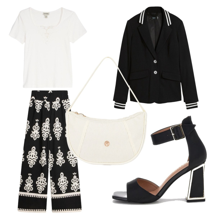Outfit donna - I pantaloni fluidi. Stile Bon Ton per Serata fuori. Abbinamento con t-shirt, blazer, pantaloni, borse a mano, sandali col tacco.