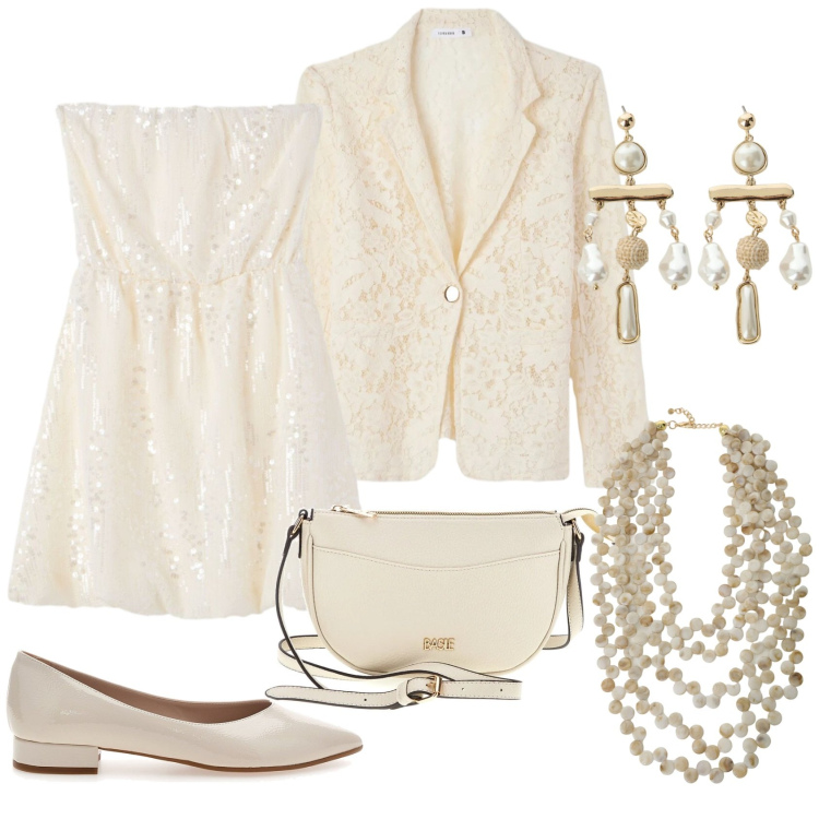 Outfit donna - 18esimo glam. Stile Glamour per Cerimonia. Abbinamento con vestiti corti, blazer, collane, orecchini, borse a tracolla, ballerine.