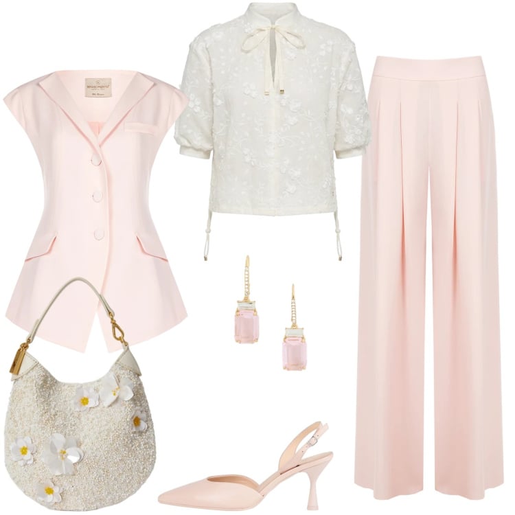 Outfit donna - Maggio in rosa. Stile Chic per Cerimonia. Abbinamento con décolleté, bluse, pantaloni a palazzo, gilet, pochette, orecchini.