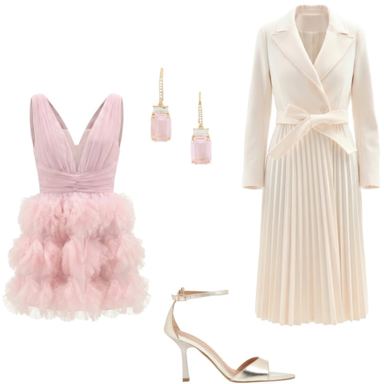 Outfit donna - Maggio in rosa. Stile Chic per Serata fuori. Abbinamento con sandali in pelle, cappotti, vestiti corti, orecchini.
