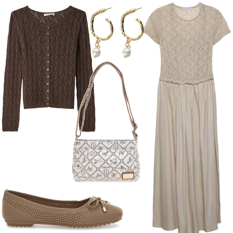 Outfit donna - Ballerine in peimavera. Stile Romantica per Tutti i giorni. Abbinamento con vestiti lunghi, cardigans, orecchini, borse a tracolla, ballerine.