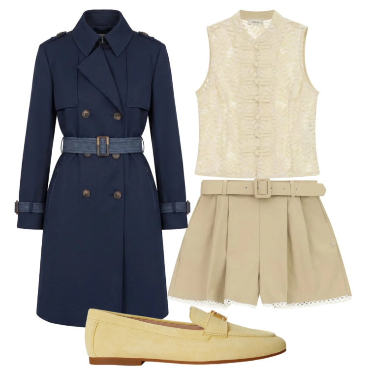 Outfit donna - Total look #2397828. Stile Chic per Ufficio. Abbinamento con trench, shorts, top, mocassini.