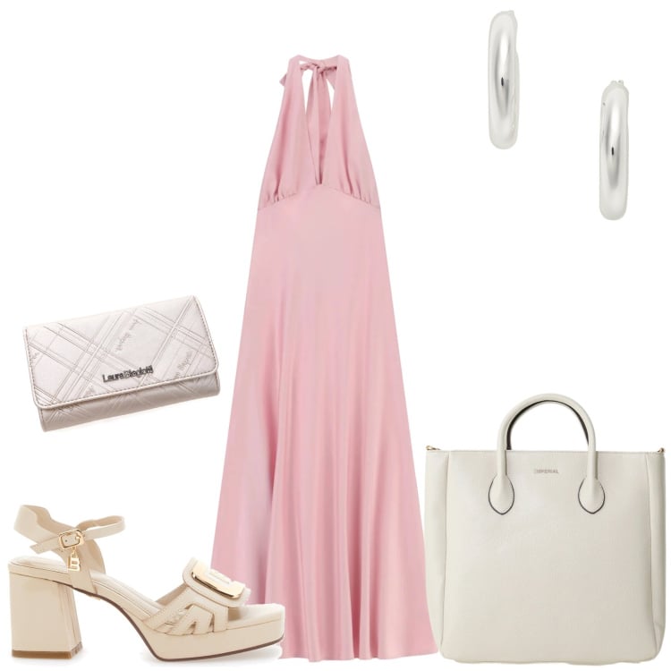 Outfit donna - Maggio in rosa. Stile Casual chic per Tutti i giorni. Abbinamento con borse a tracolla, vestiti lunghi, orecchini, portafogli, sandali col tacco.