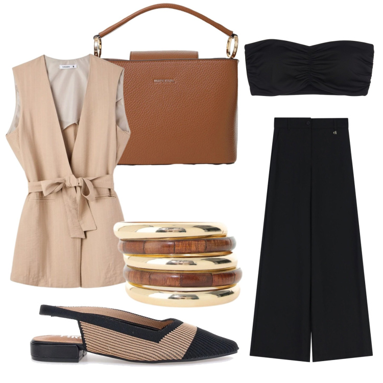 Outfit donna - Neutral chic. Stile Casual chic per Tutti i giorni. Abbinamento con gilet, borse a secchiello, canottiere, pantaloni a palazzo, cappotti, ballerine.