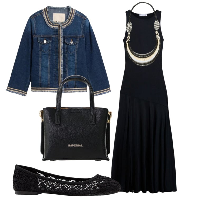 Outfit donna - Total look #2397838. Stile Minimal per Serata fuori. Abbinamento con blazer, ballerine, vestiti lunghi, borse a tracolla, collane.