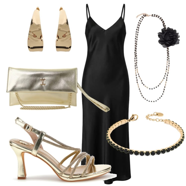 Outfit donna - Total look #2397839. Stile Glamour per Serata fuori. Abbinamento con vestiti lunghi, borse a tracolla, orecchini, collane, braccialetti, sandali col tacco.