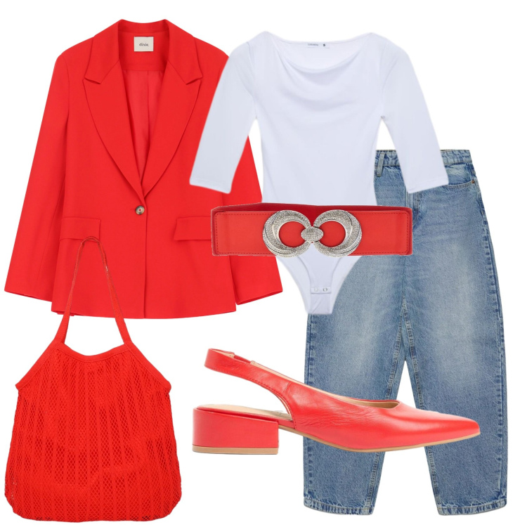 Outfit donna - Total look #2397840. Stile Casual chic per Ufficio. Abbinamento con décolleté, jeans, t-shirt, shopping bag, blazer, cinture.