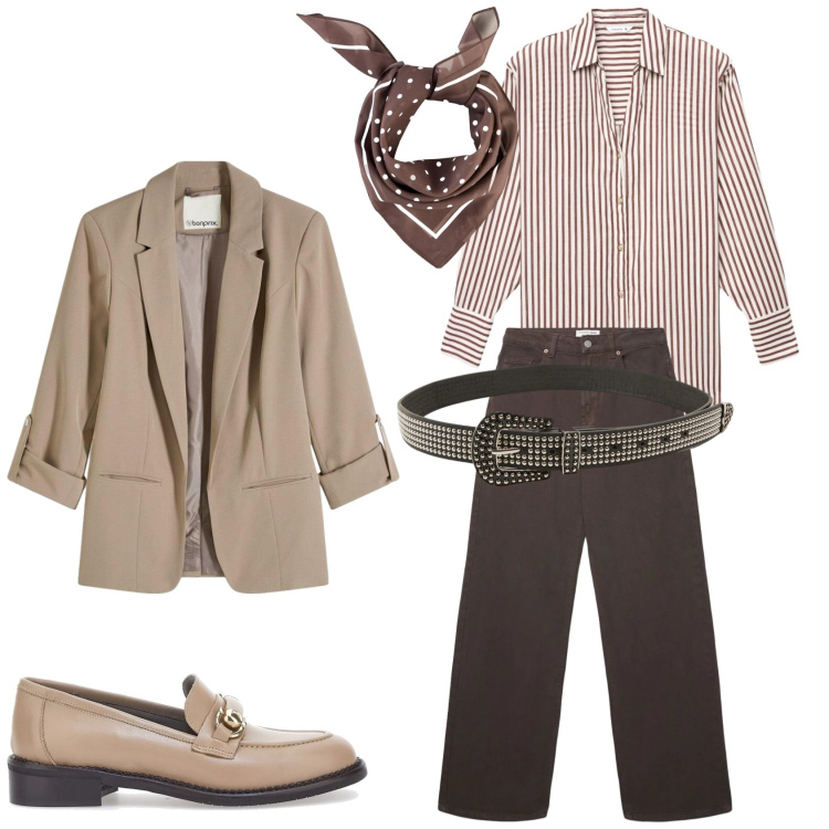 Outfit donna - A maggio con un foulard. Stile Casual chic per Tutti i giorni. Abbinamento con blazer, foulard, cinture, camicie, jeans, mocassini.