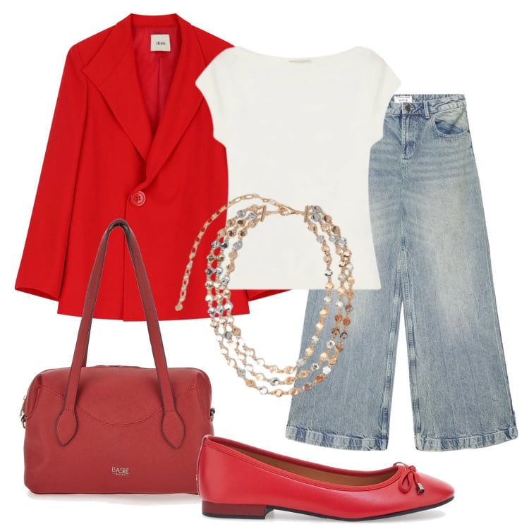 Outfit donna - Total look #2397843. Stile Casual chic per Ufficio. Abbinamento con jeans, blazer, top, collane, ballerine, borse a spalla.
