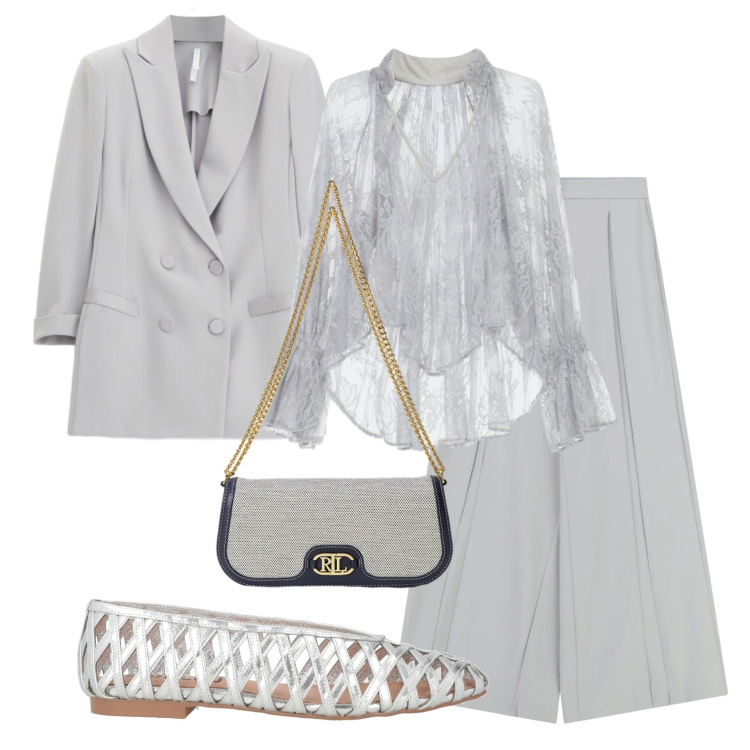 Outfit donna - Total look #2397847. Stile Mannish per Cerimonia. Abbinamento con ballerine, bluse, blazer, pantaloni a palazzo, borse a spalla.