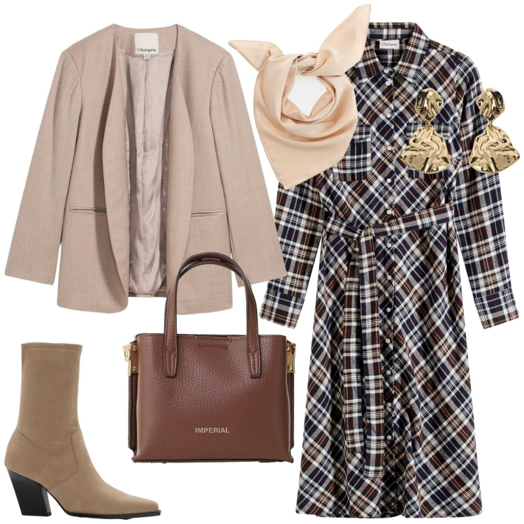 Outfit donna - A maggio con un foulard. Stile Casual chic per Tutti i giorni. Abbinamento con vestiti chemisier, blazer, stivaletti, foulard, borse a tracolla, orecchini.