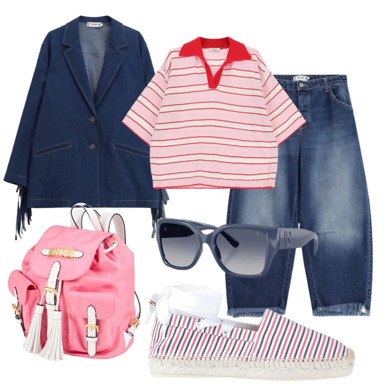 Outfit donna - Total look #2397859. Stile Casual per Tutti i giorni. Abbinamento con zaini, espadrillas, jeans, blazer, top, occhiali da sole.
