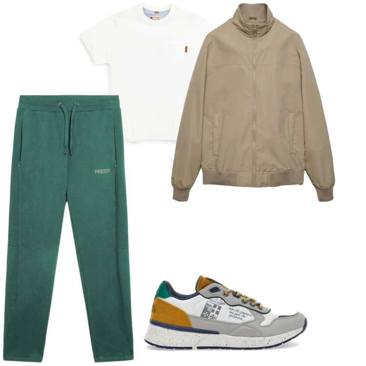 Outfit uomo - Sportivo. per Sport. Abbinamento con bomber, pantaloni, t-shirt, sneakers.