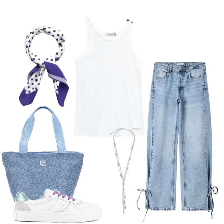 Outfit donna - Total look #2397867. Stile Casual chic per Tutti i giorni. Abbinamento con foulard, jeans, top, collane, sneakers, shopping bag.