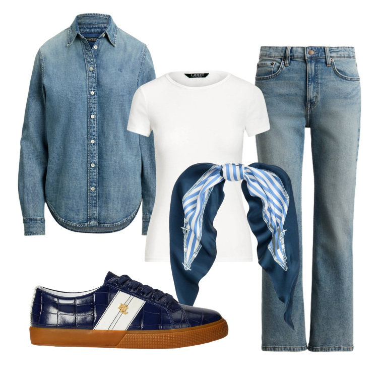 Outfit donna - Total look #2397870. Stile Casual per Tutti i giorni. Abbinamento con t-shirt, sneakers, jeans dritti, foulard, camicie.