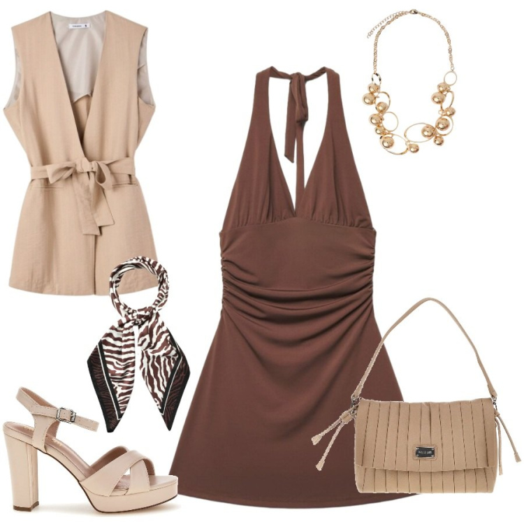Outfit donna - Total look #2397872. Stile Casual chic per Tutti i giorni. Abbinamento con foulard, gilet, vestiti corti, collane, sandali col tacco, pochette.