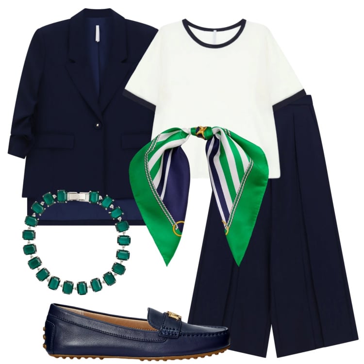 Outfit donna - Total look #2397874. Stile Mannish per Ufficio. Abbinamento con pantaloni a palazzo, t-shirt, blazer, mocassini, braccialetti, foulard.