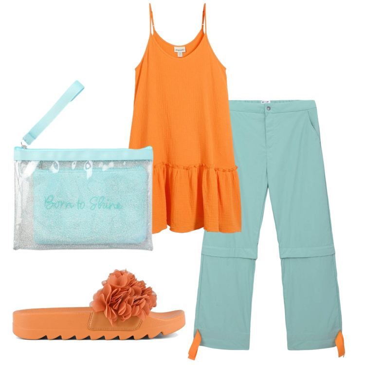 Outfit donna - Total look #2397875. Stile Trendy per Mare. Abbinamento con vestiti, pantaloni cargo, pochette, ciabatte.