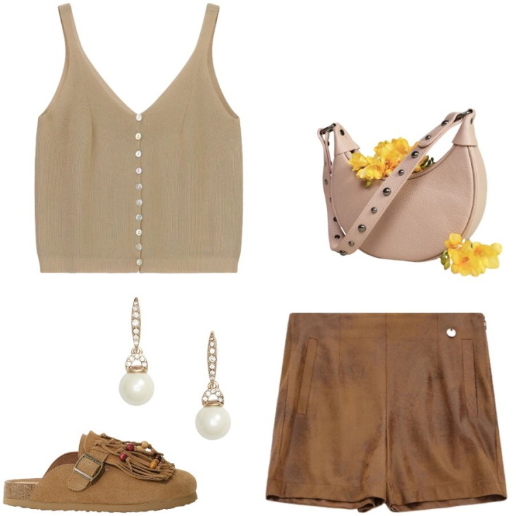 Outfit donna - Total look #2397876. Stile Casual chic per Tutti i giorni. Abbinamento con shorts, canottiere, sabot, borse a spalla, orecchini.