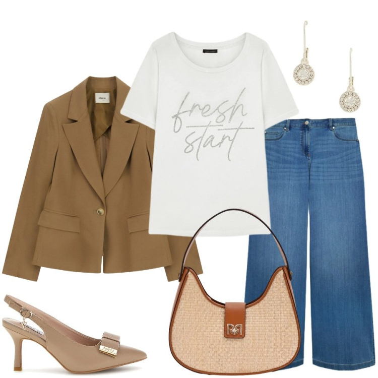 Outfit donna - Total look #2397880. Stile Casual chic per Tutti i giorni. Abbinamento con borse a spalla, blazer, jeans, t-shirt, orecchini, décolleté.