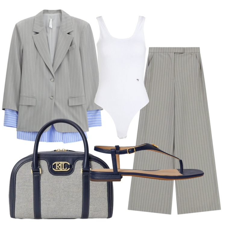 Outfit donna - Total look #2397887. Stile Mannish per Ufficio. Abbinamento con body, blazer, pantaloni a palazzo, sandali in pelle, borse a mano.