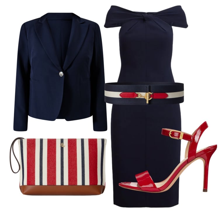 Outfit donna - Total look #2397889. Stile Chic per Cerimonia. Abbinamento con blazer, vestiti, sandali col tacco, cinture, pochette.