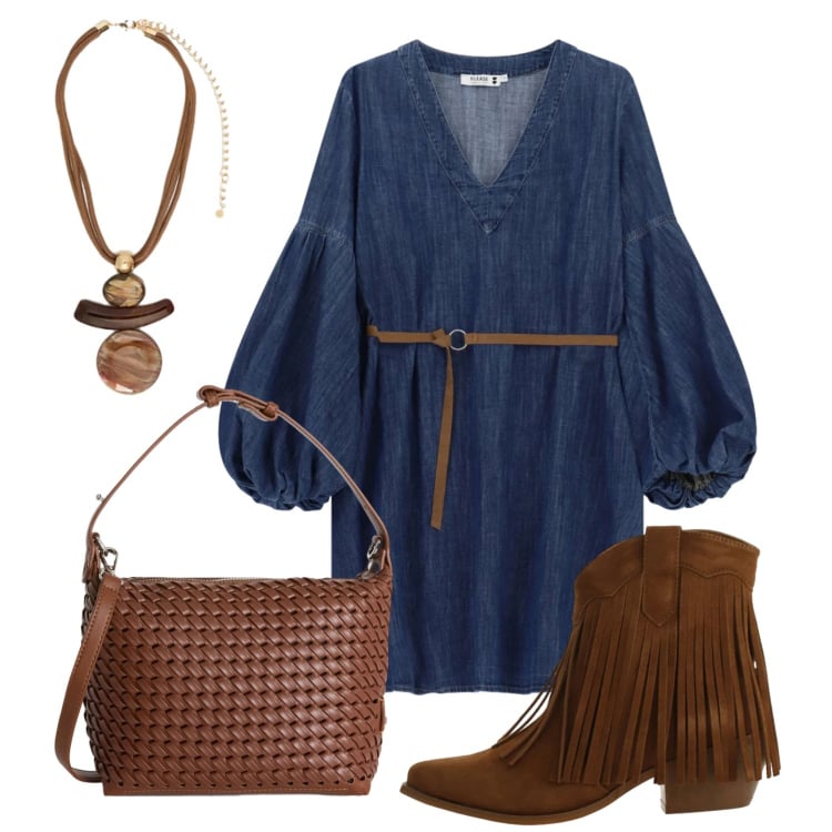 Outfit donna - Total look #2397890. Stile Etnico per Ufficio. Abbinamento con borse a spalla, vestiti corti, stivaletti texani, ciondoli.