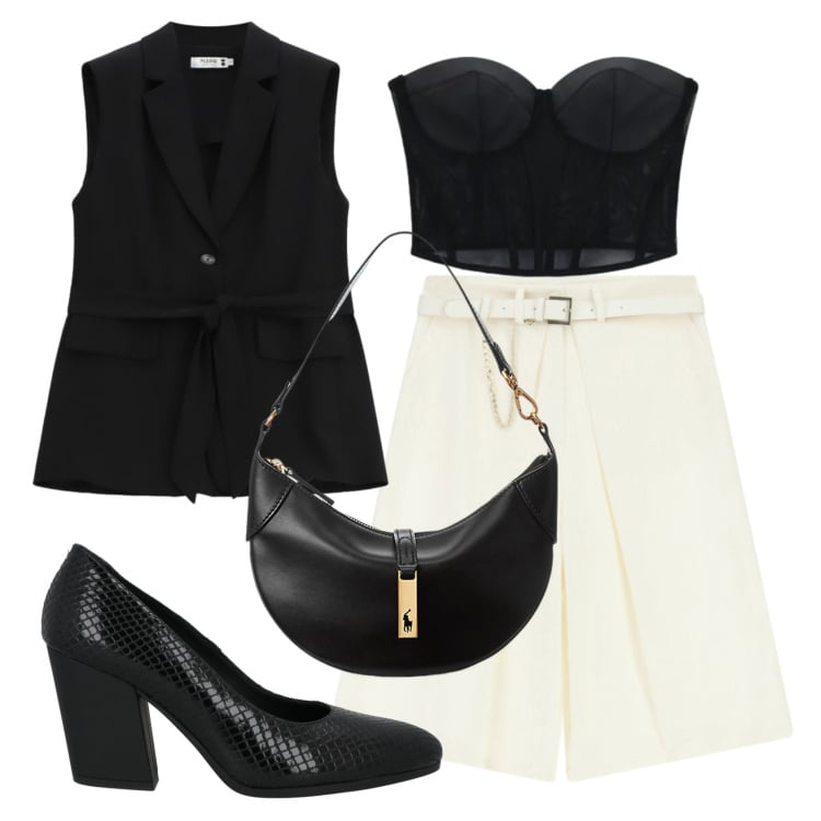Outfit donna - Total look #2397892. Stile Chic per Serata fuori. Abbinamento con décolleté, gilet, bermuda, top, borse a spalla.
