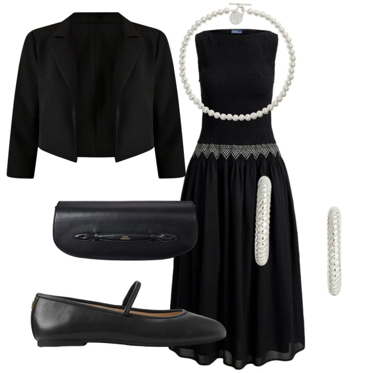 Outfit donna - Total look #2397893. Stile Minimal per Cerimonia. Abbinamento con bolero, collane, clutch, ballerine, orecchini, vestiti.