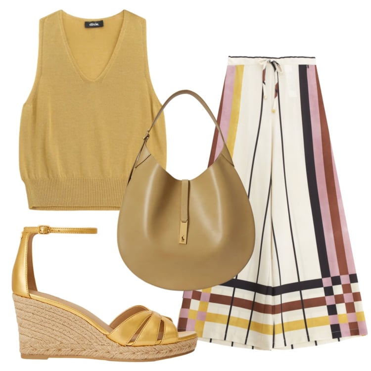 Outfit donna - Total look #2397898. Stile Casual chic per Ufficio. Abbinamento con top, pantaloni a palazzo, borse a spalla, zeppe.