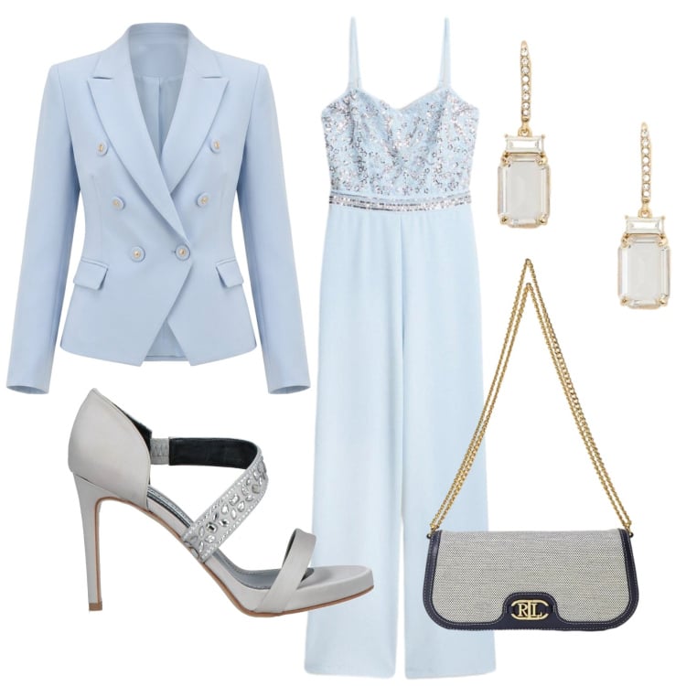 Outfit donna - Total look #2397905. Stile Glamour per Cerimonia. Abbinamento con sandali in pelle, tute, blazer, orecchini, borse a spalla.