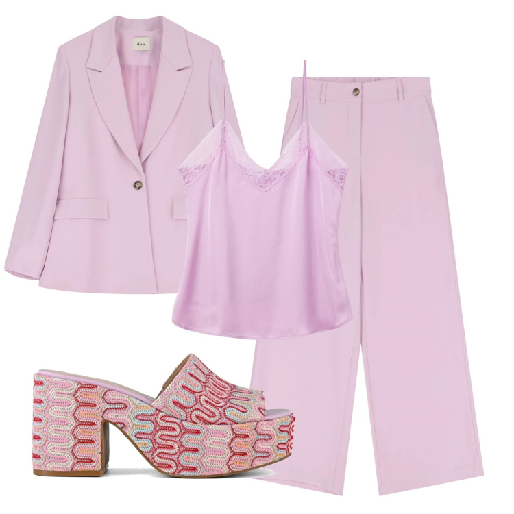 Outfit donna - Total look #2397909. Stile Mannish per Cerimonia. Abbinamento con canottiere, pantaloni a palazzo, blazer, sabot.