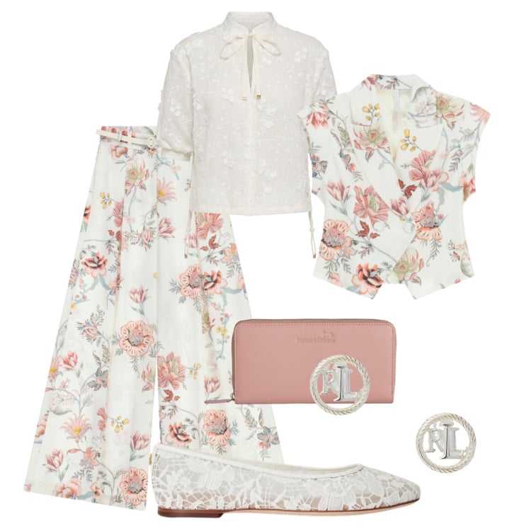 Outfit donna - Ballerine da cerimonia. Stile Glamour per Cerimonia. Abbinamento con portafogli, bluse, pantaloni a palazzo, gilet, orecchini, ballerine.