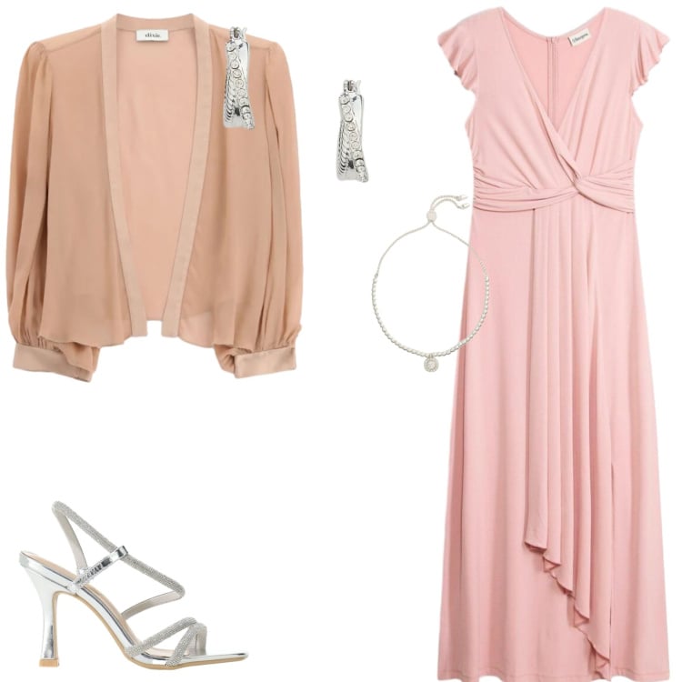 Outfit donna - Outfit per una cerimonia. Stile Glamour per Cerimonia. Abbinamento con vestiti lunghi, sandali col tacco, blazer, braccialetti, orecchini.