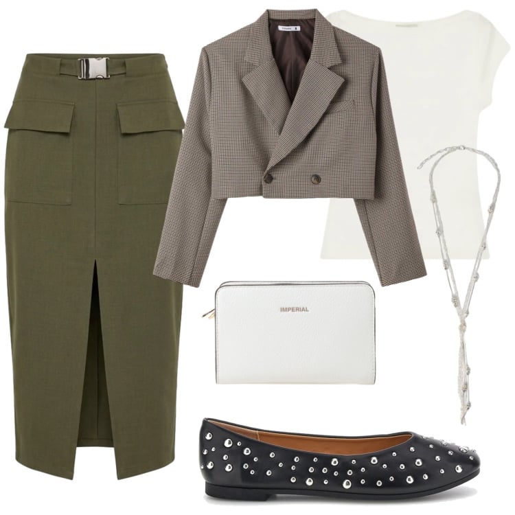 Outfit donna - Light Steps. Stile Casual per Serata fuori. Abbinamento con gonne longuette, blazer, borse a tracolla, top, collane, ballerine.