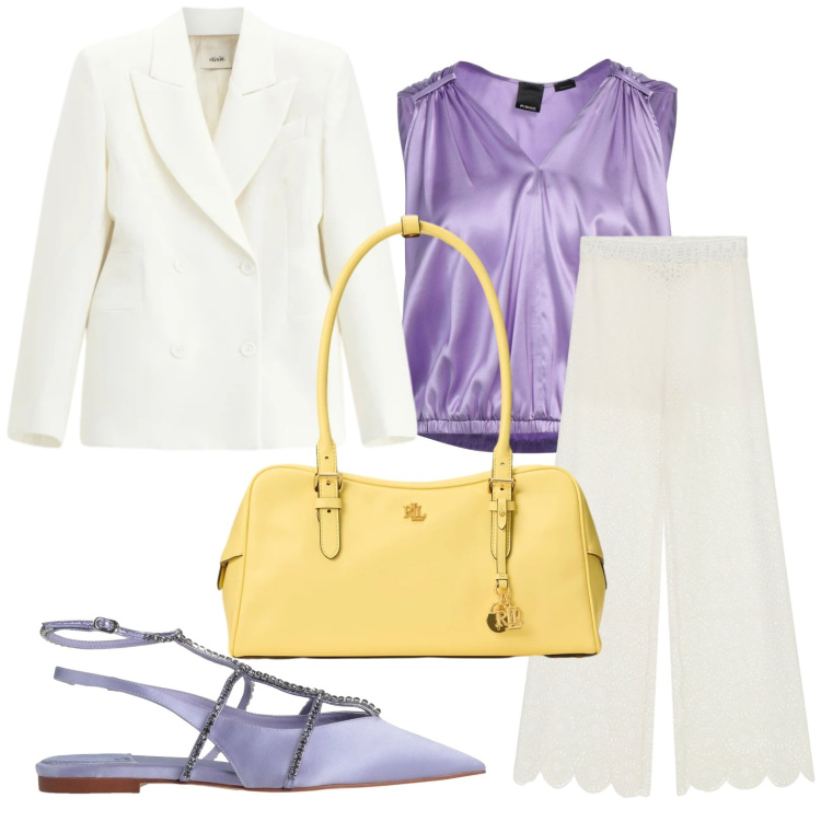Outfit donna - Light Steps. Stile Chic per Ufficio. Abbinamento con ballerine, top, pantaloni a palazzo, blazer, borse a mano.