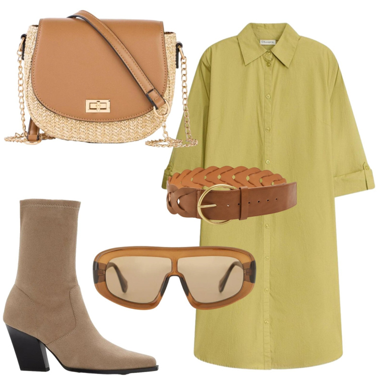 Outfit donna - Punto vita protagonista. Stile Etnico per Ufficio. Abbinamento con vestiti chemisier, stivaletti, borse a tracolla, cinture, occhiali da sole.